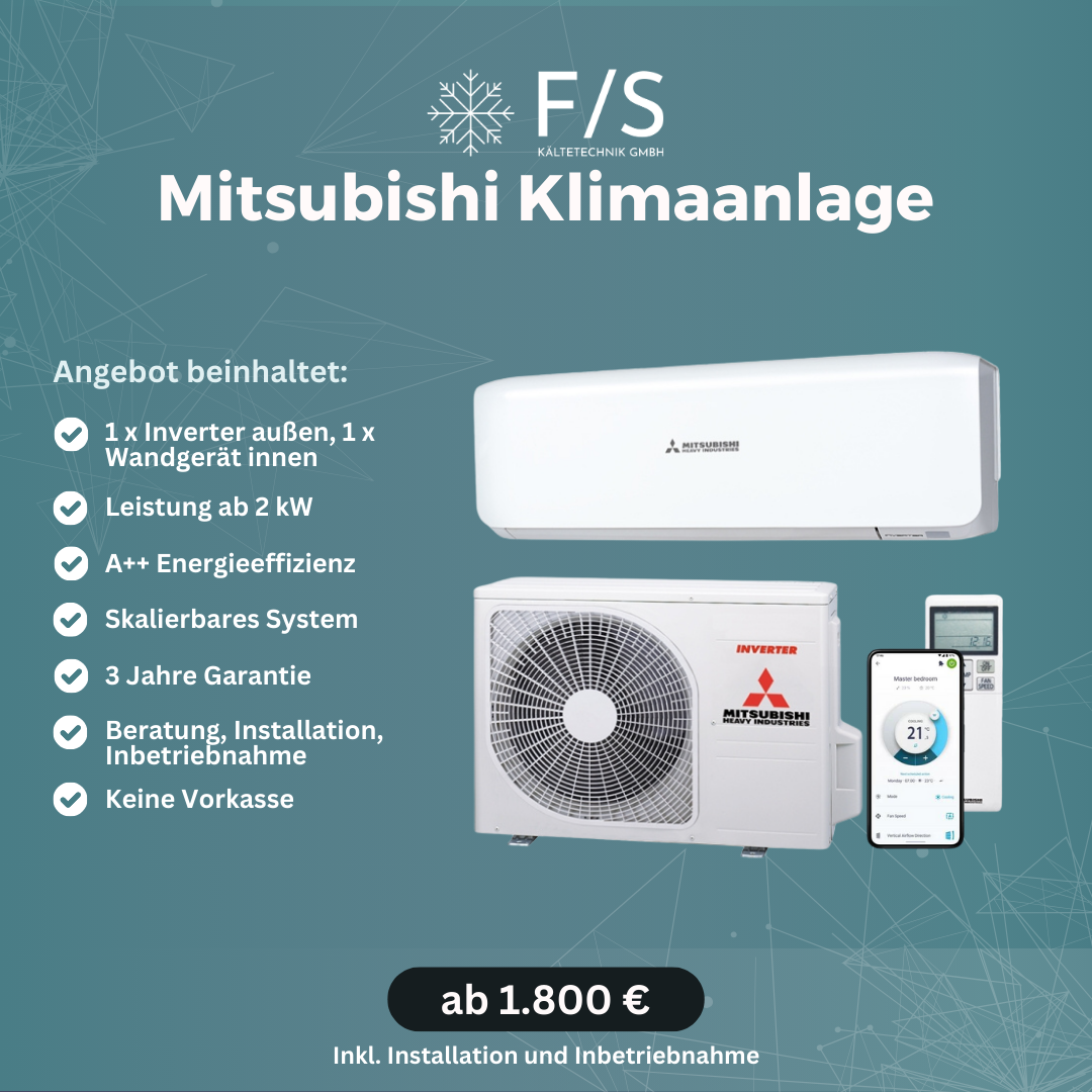 Mitsubishi Split Klimaanlage | Angebot inkl. Installation | Wandgerät + Inverter 2,0 kW - 5,0 kW